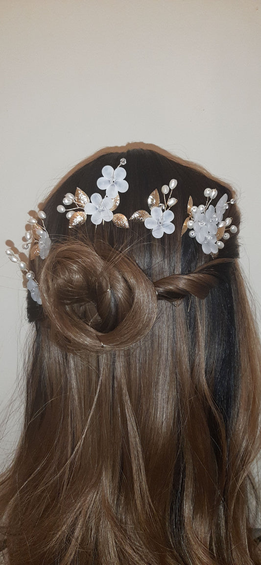 Gold Leaf and Acrylic Flowers Hairpins Set of 3