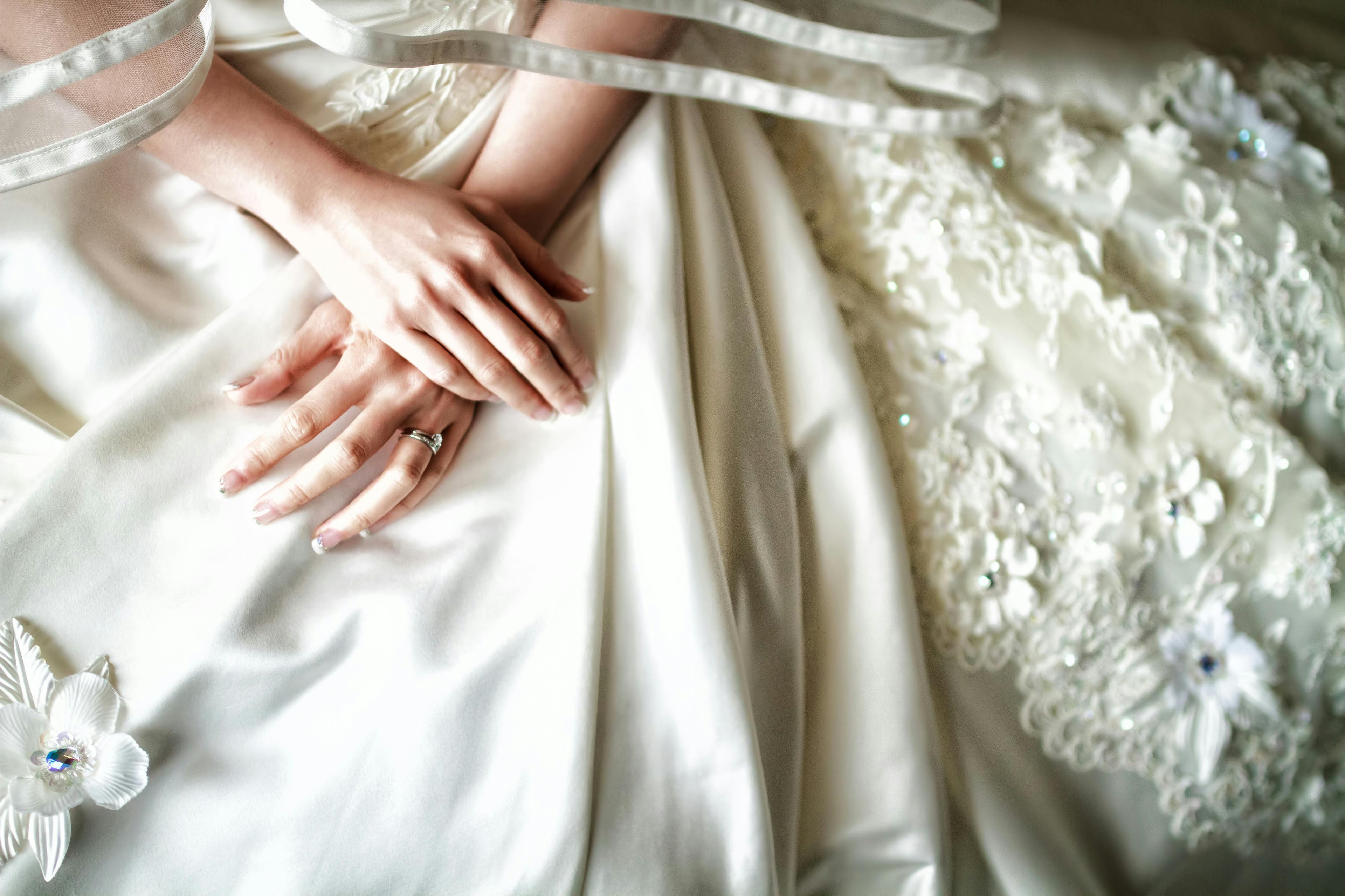 Bride wearing a satin and lace mix dress