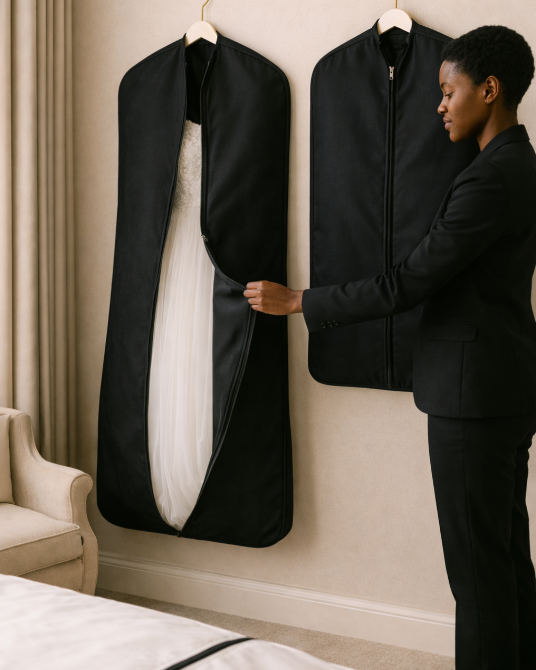 Bridal dresser packing away the bridal looks