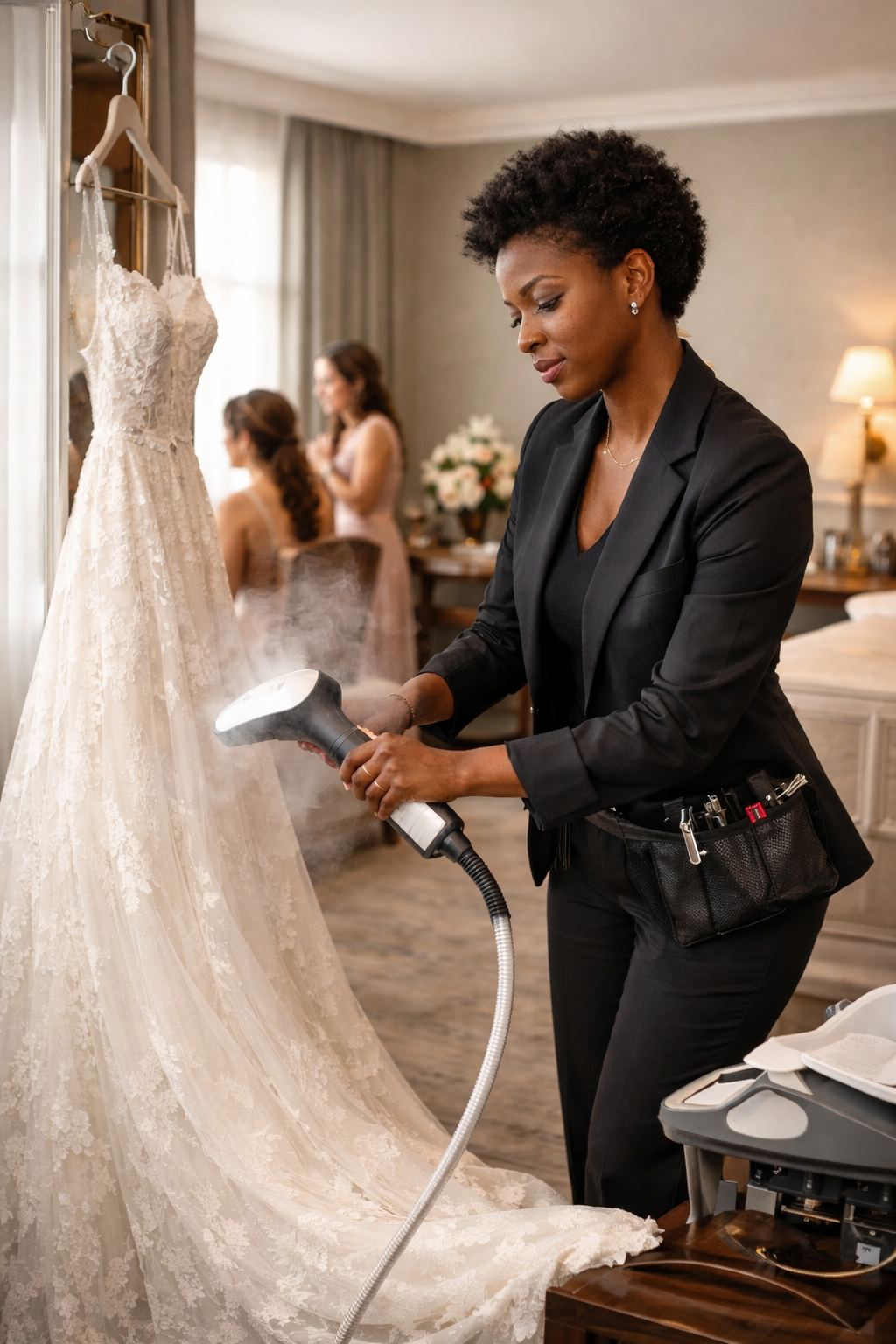 mobile bridal dresser steaming wedding dress London hotel bride preparation