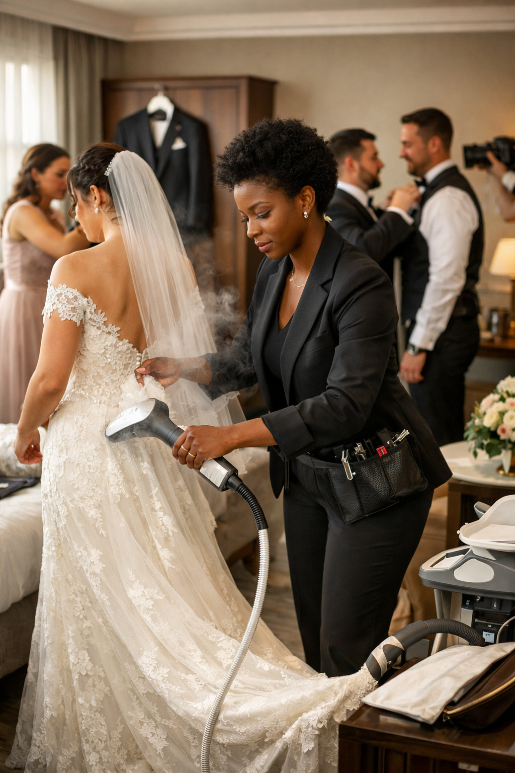 mobile bridal dresser steaming wedding dress London hotel bride preparation