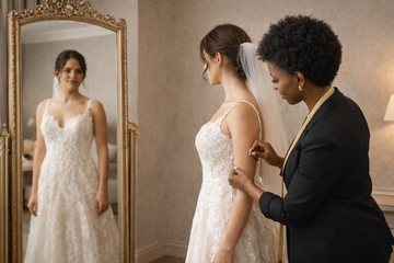 bride having a fitting with the seamstress