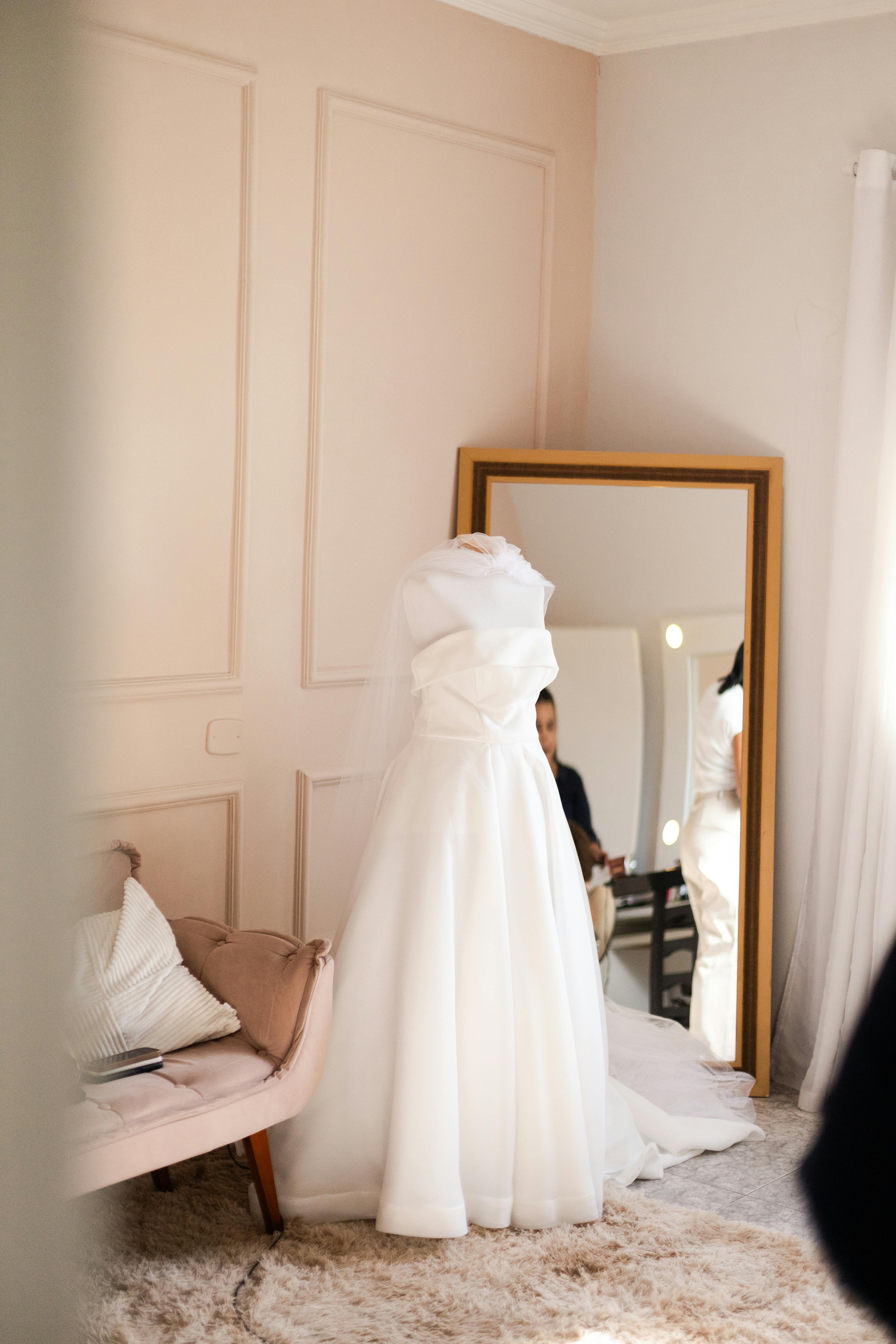 Wedding dress on a mannequin in the bridal suite