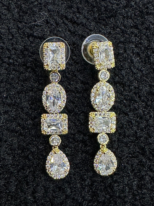 Gold Rectangle/Oval Crystal Long Drop Earrings