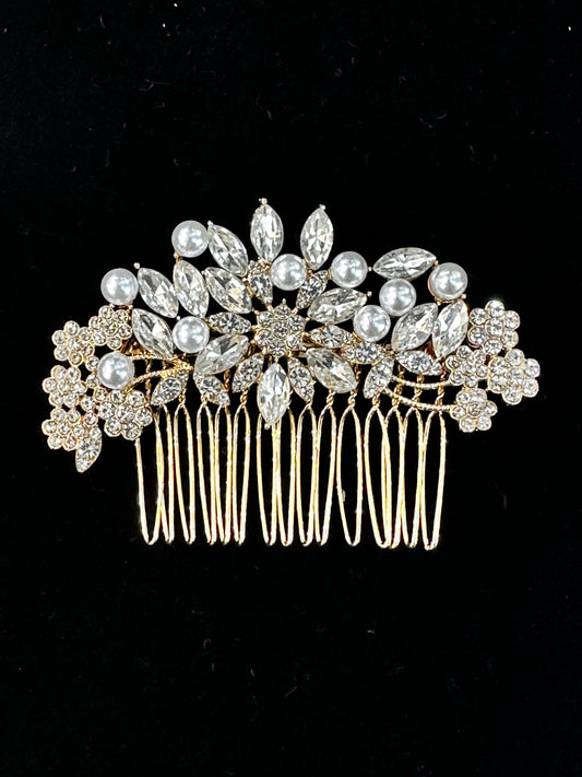 Floral Pattern Gold Pearl Hair Comb