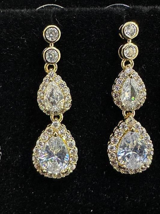 Double Crystal Gold Drop Earrings