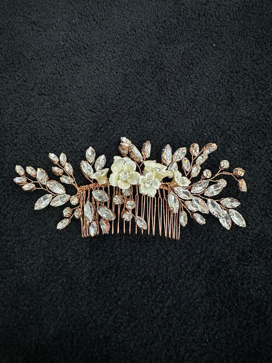Large Rose Gold Flowers and Petals Hair Comb