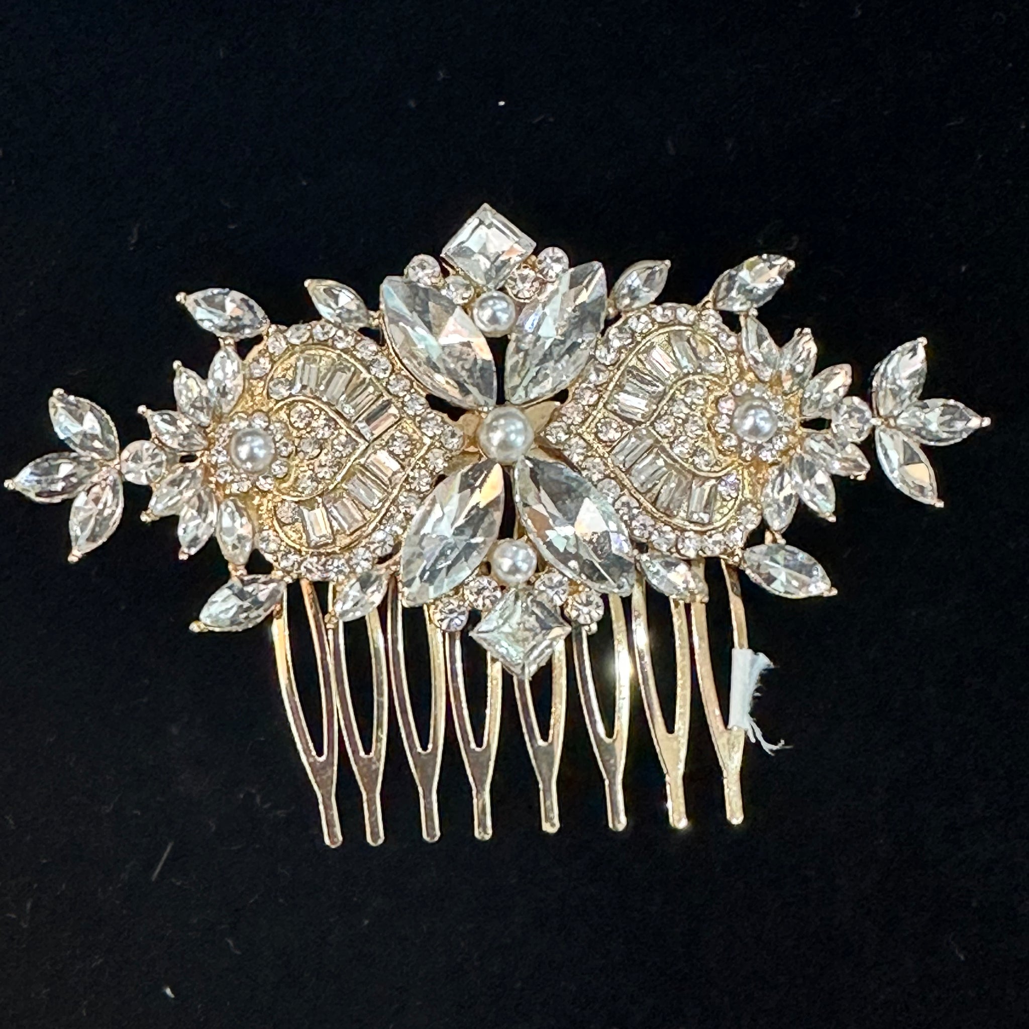 Gold Geometric Crystal and Pearl Hair Comb