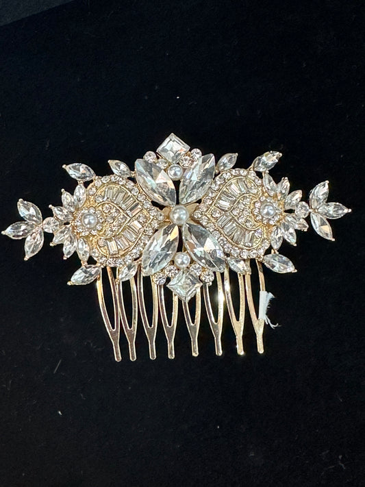 Gold Geometric Crystal and Pearl Hair Comb