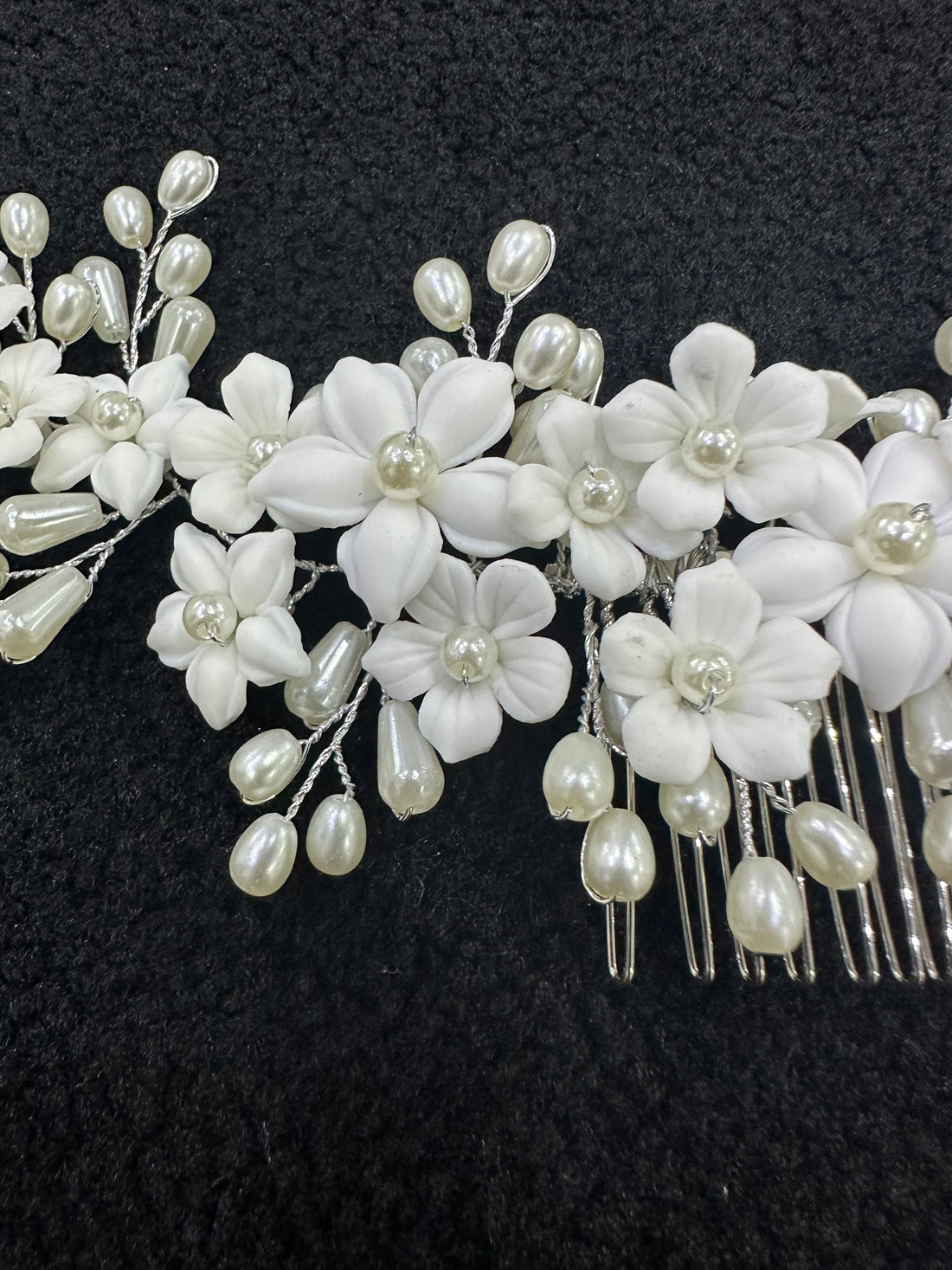 Large Ceramic Flower with Pearls HAIRCOMB -Silver