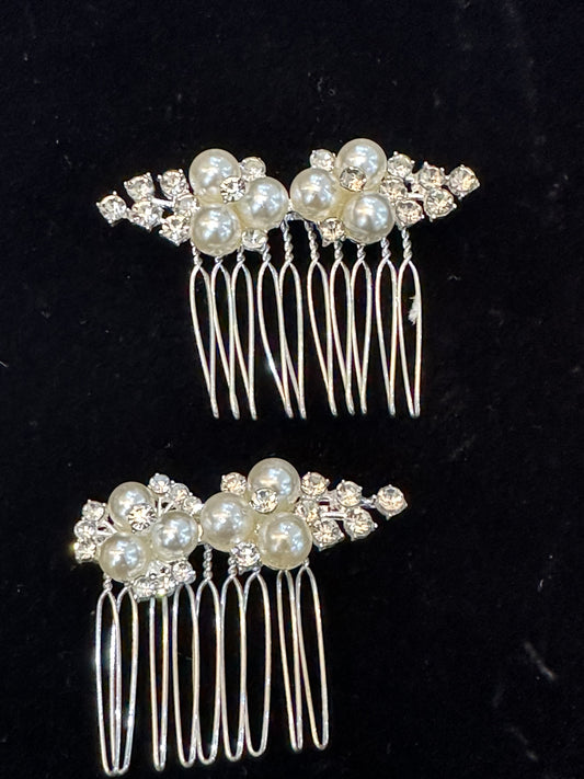 Silver Pearl and Crystal Hair Comb Set of 2
