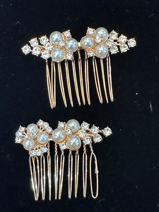 Rose Gold Pearl and Crystal Hair Comb Set of 2