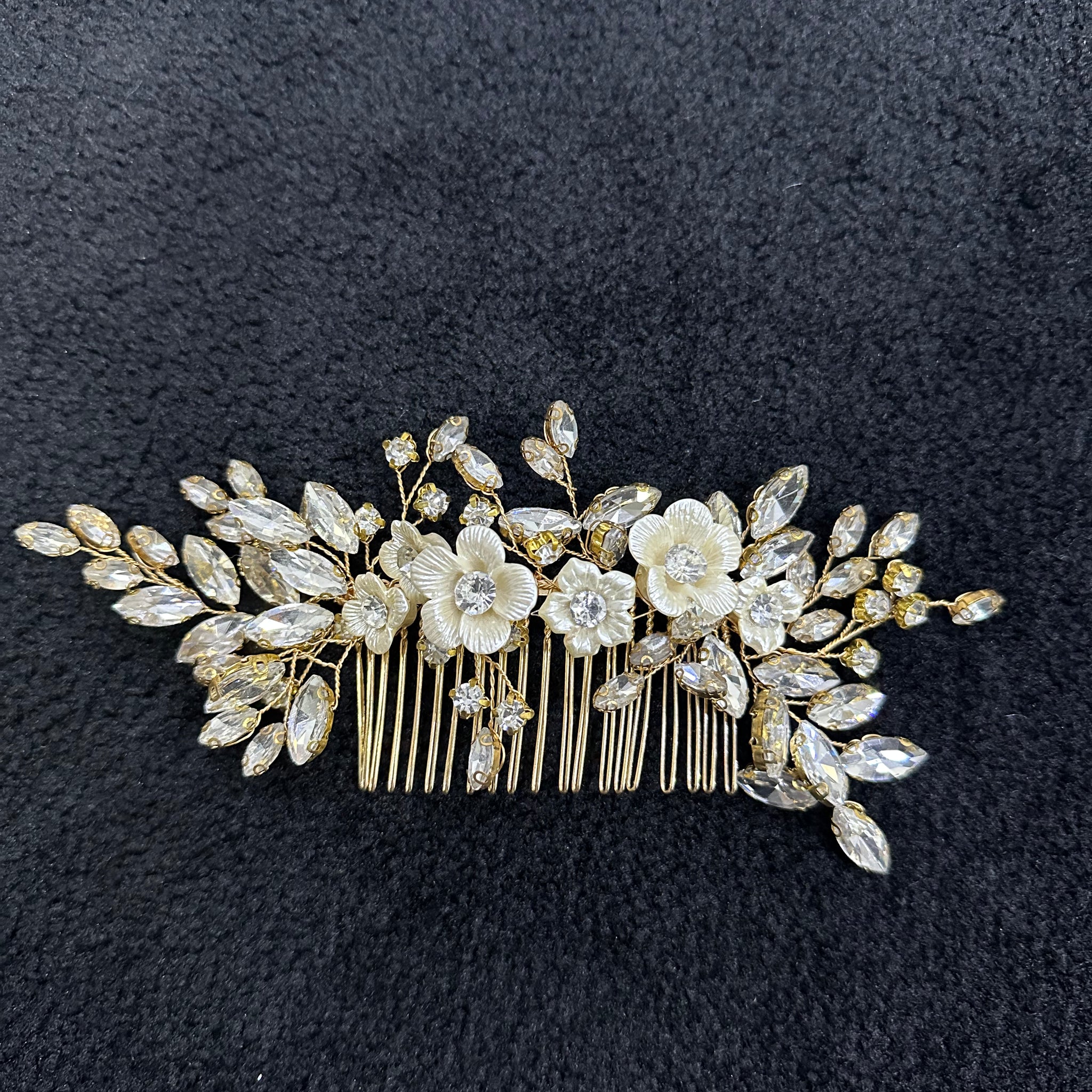 Large Gold Ceramic Flowers and Crystal Petals Hair Comb