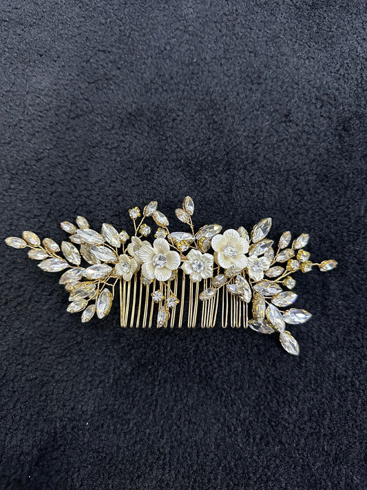 Large Gold Ceramic Flowers and Crystal Petals Hair Comb
