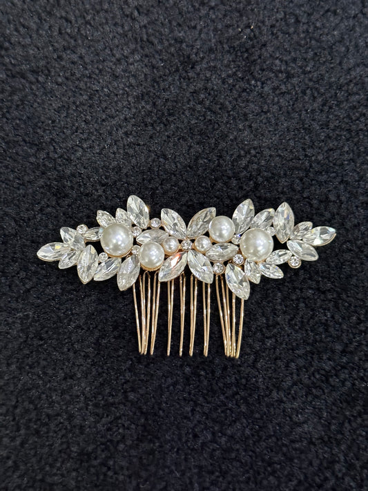 Gold Crystal and Pearl Hair Comb