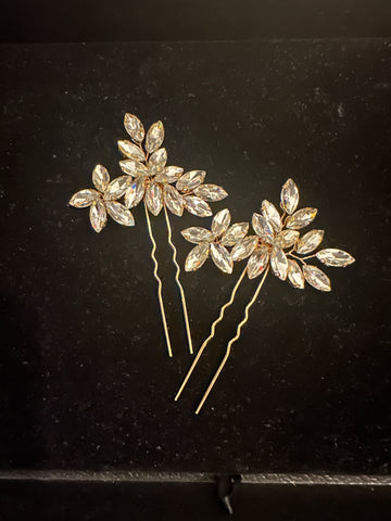 Gold with Clear Crystal Hair Pins Set of 2