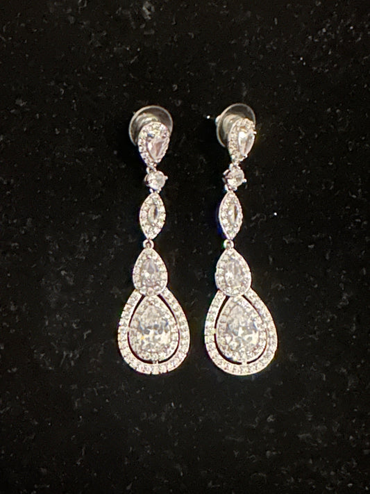 Long 4Tier Tear Drop Silver Crystal Earrings