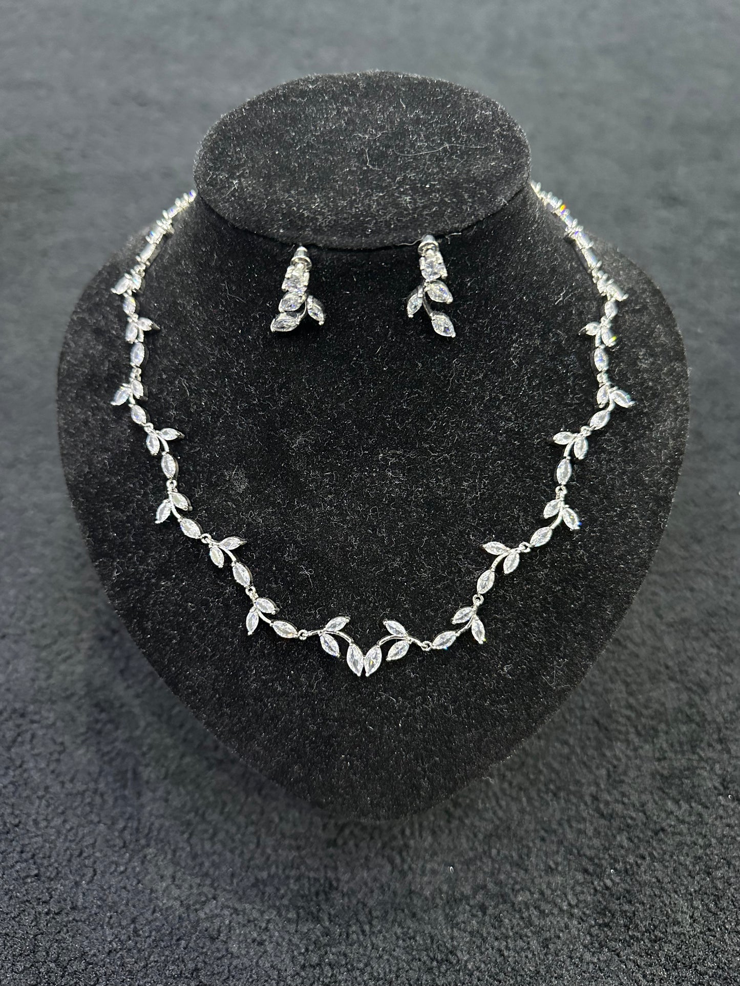 Small Silver Crystal Petal Necklace and Earrings Set