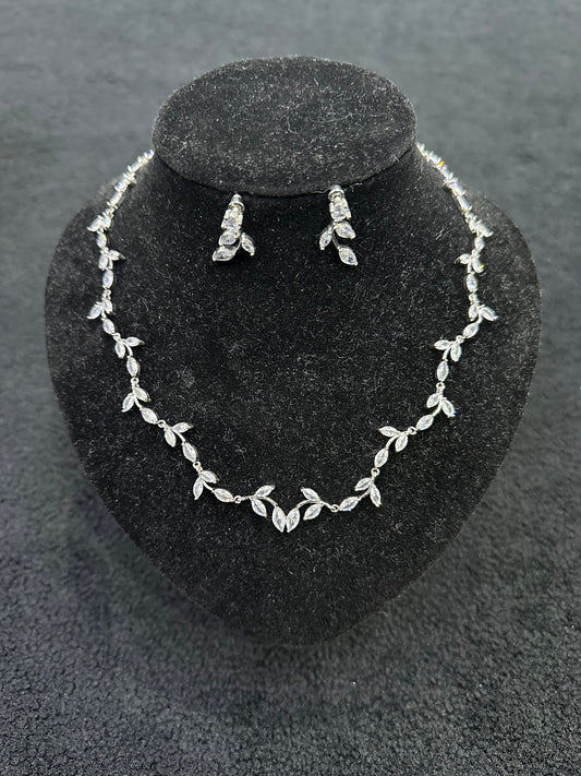Small Silver Crystal Petal Necklace and Earrings Set