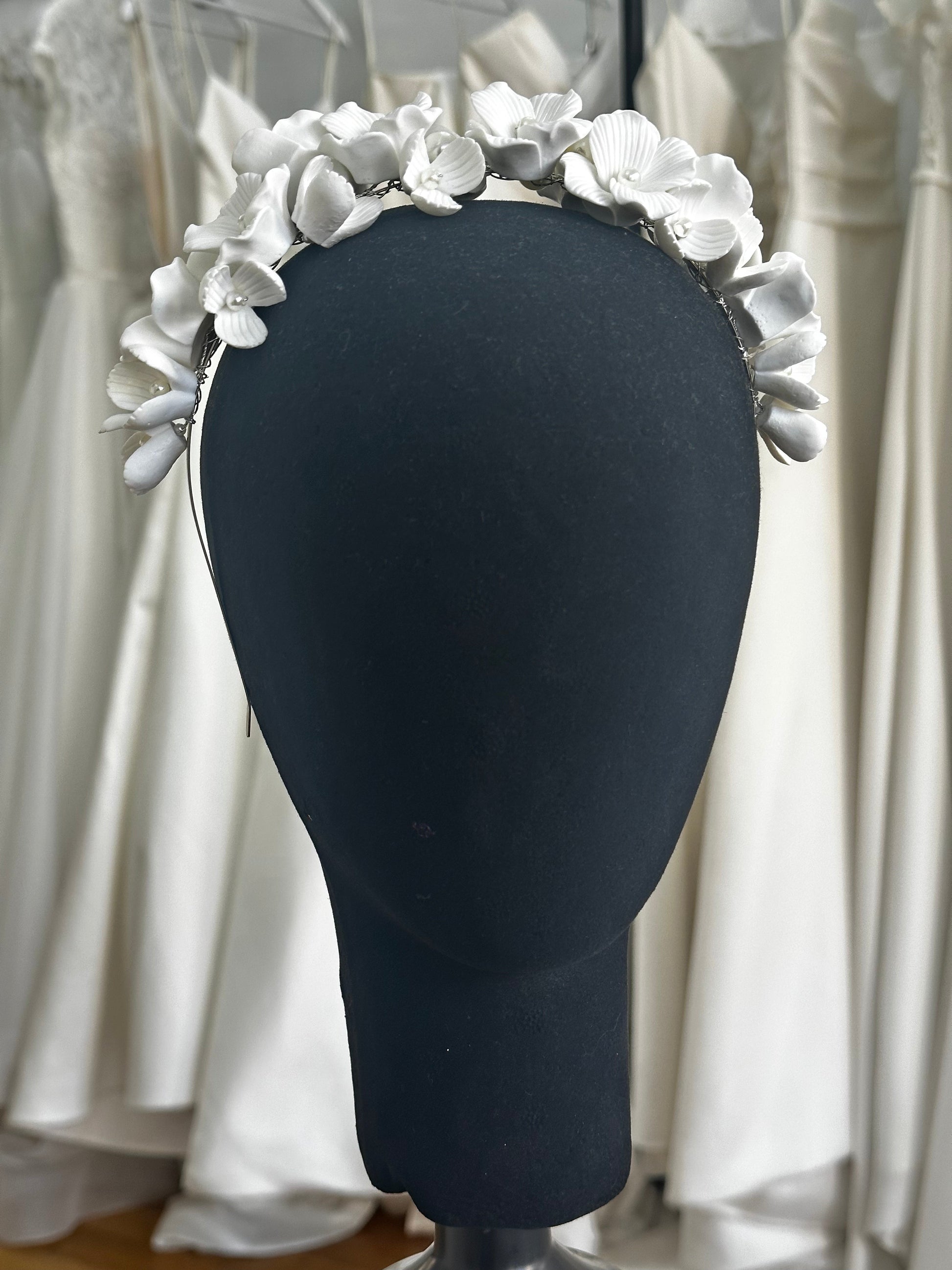 Clay Flowers and Pearls Silver Headband - HANDMADE