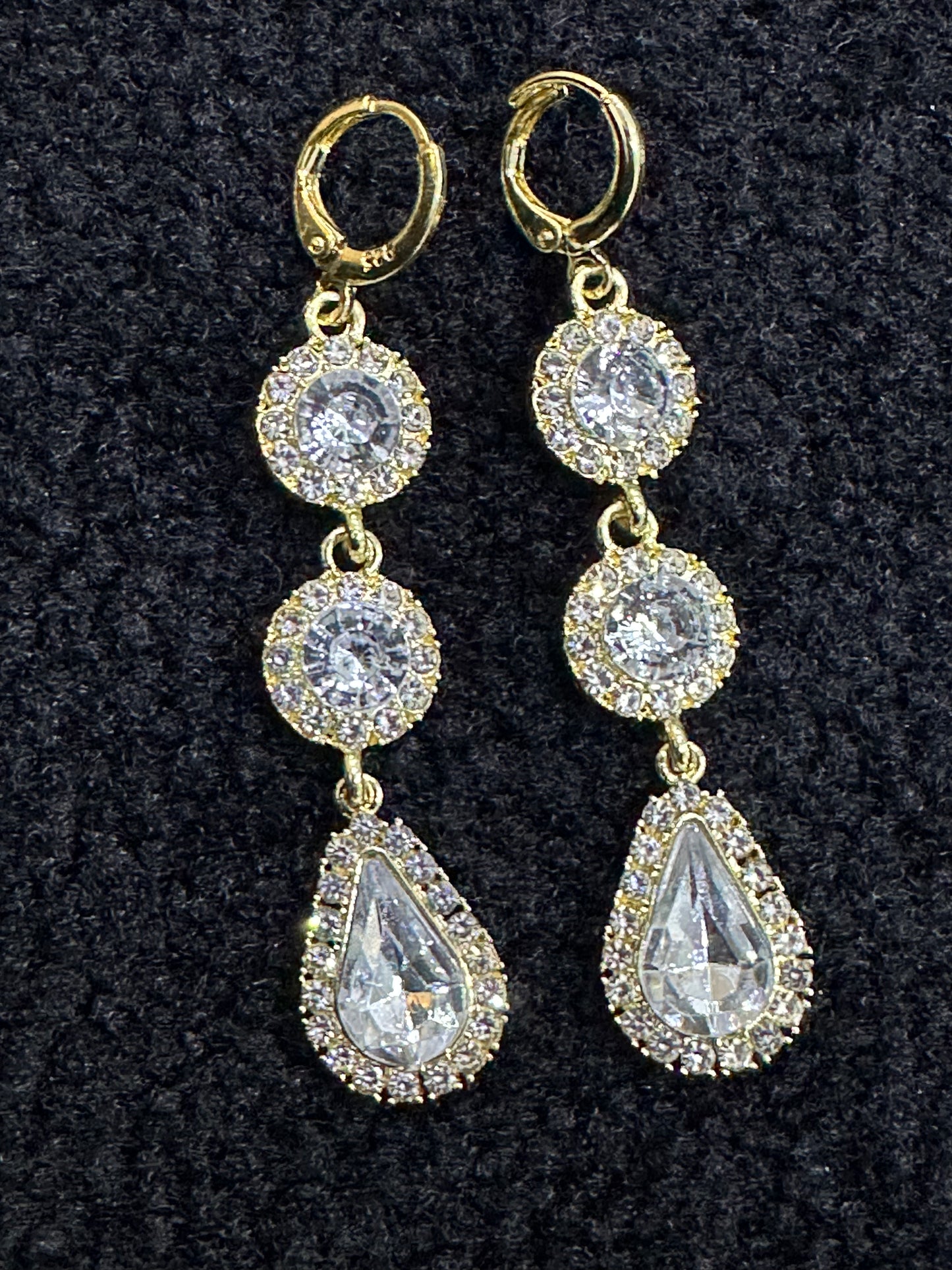 Long Triple Crystal Gold Drop Earrings