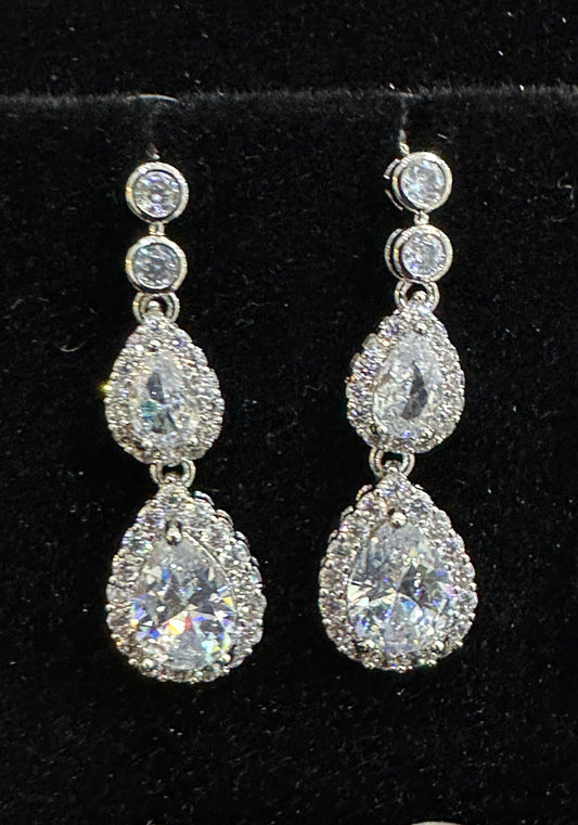 Double Crystal Silver Drop Earrings