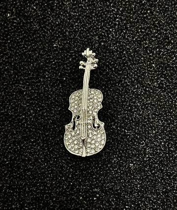 Silver Crystal Violin Brooch