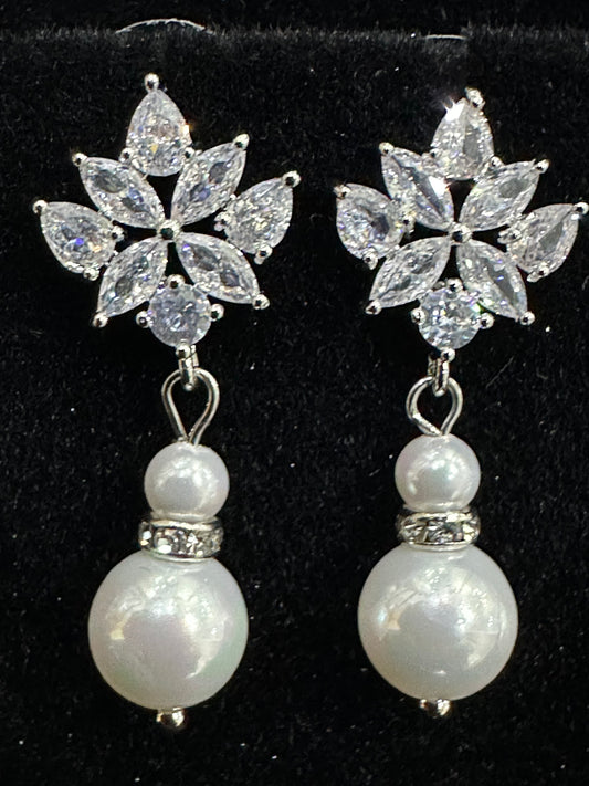 Floral Crystal and Pearl Drop Earrings