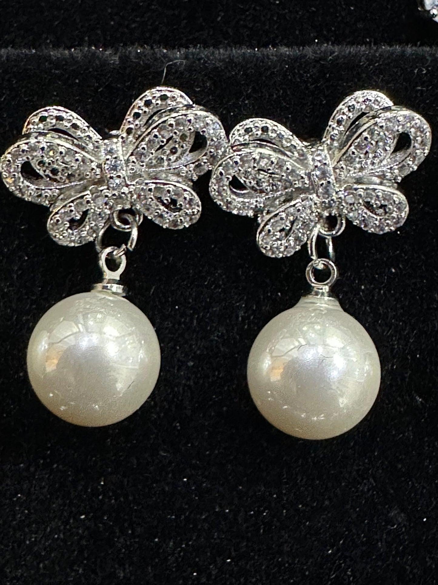 Crystal Butterfly Pearl Drop Earrings