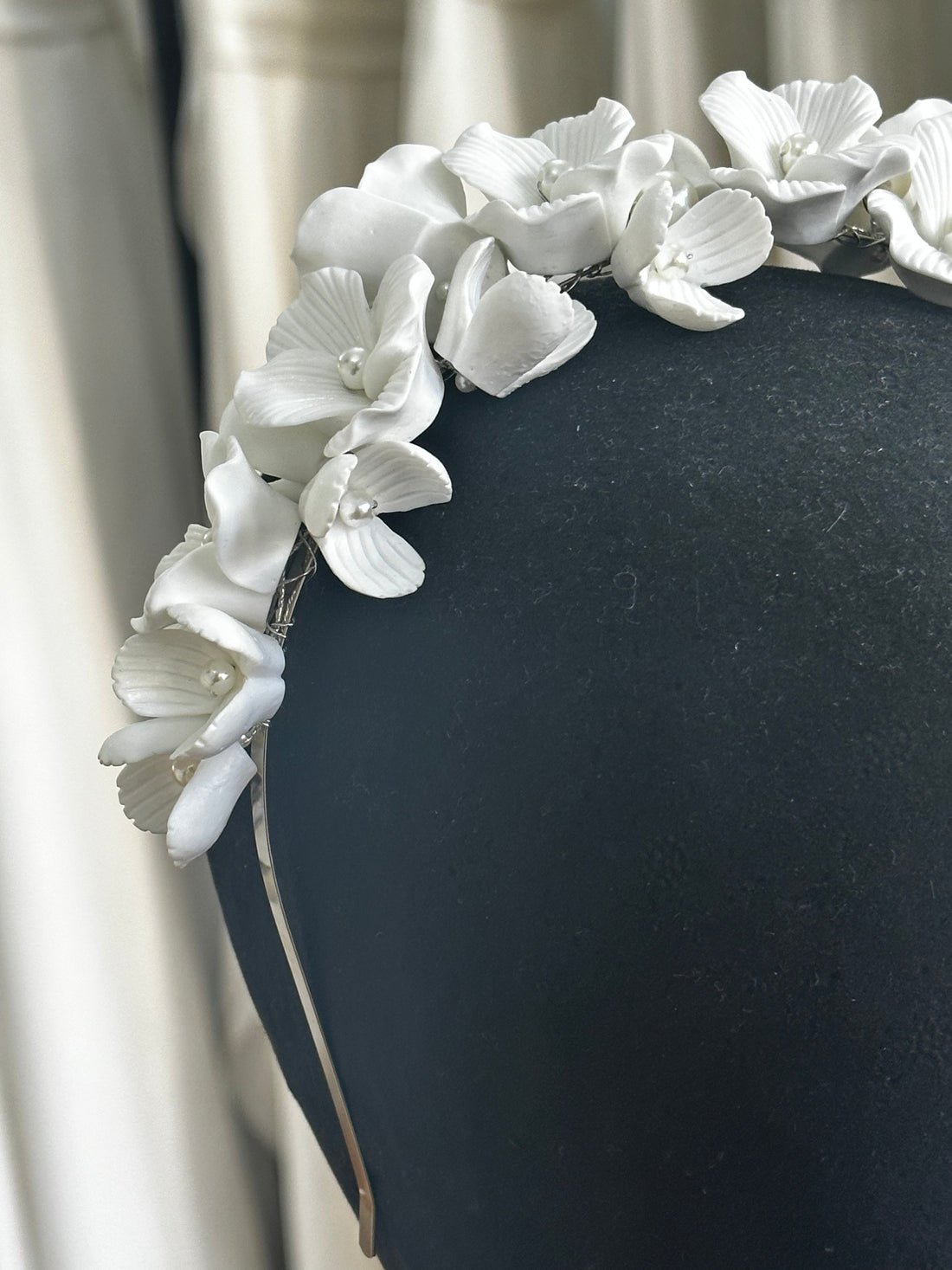 Clay Flowers and Pearls Silver Headband - HANDMADE