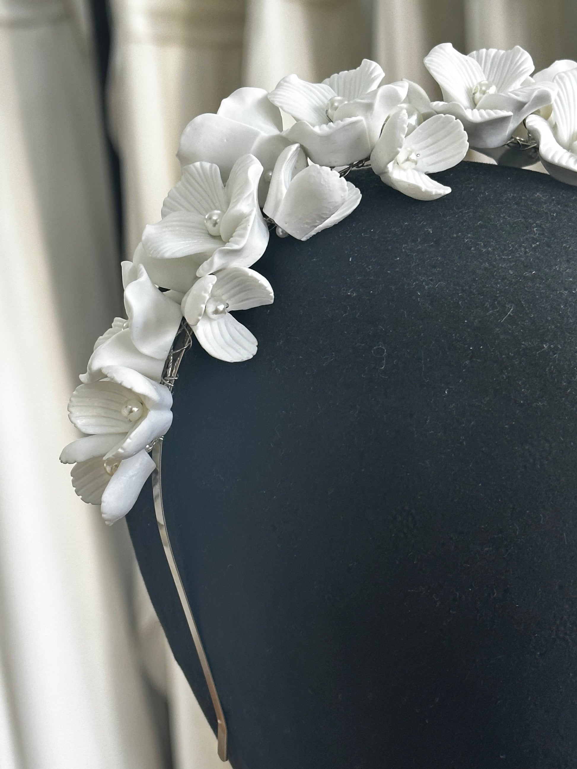 Clay Flowers and Pearls Silver Headband - HANDMADE