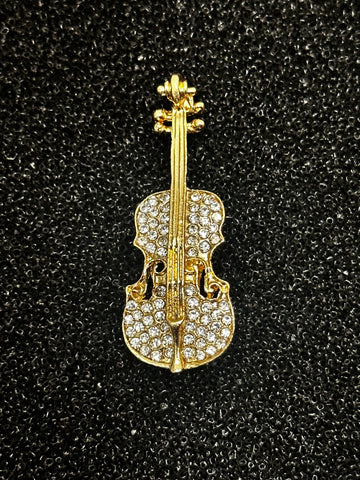 Gold Crystal Violin Brooch