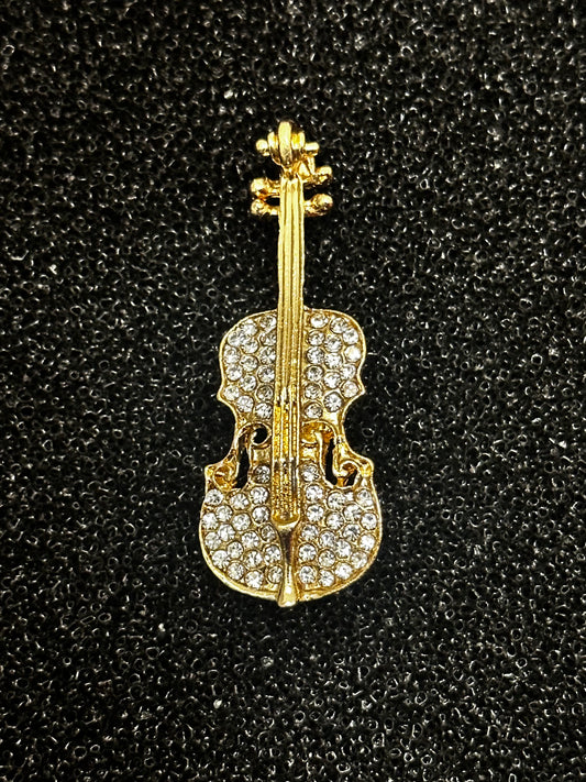 Gold Crystal Violin Brooch