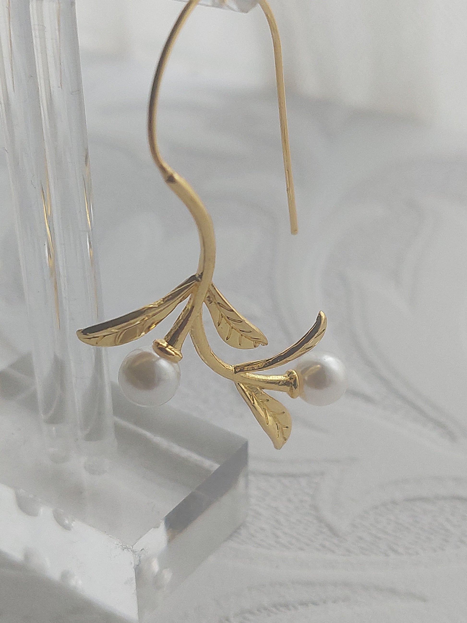 Long Gold Vine Pearl Earrings