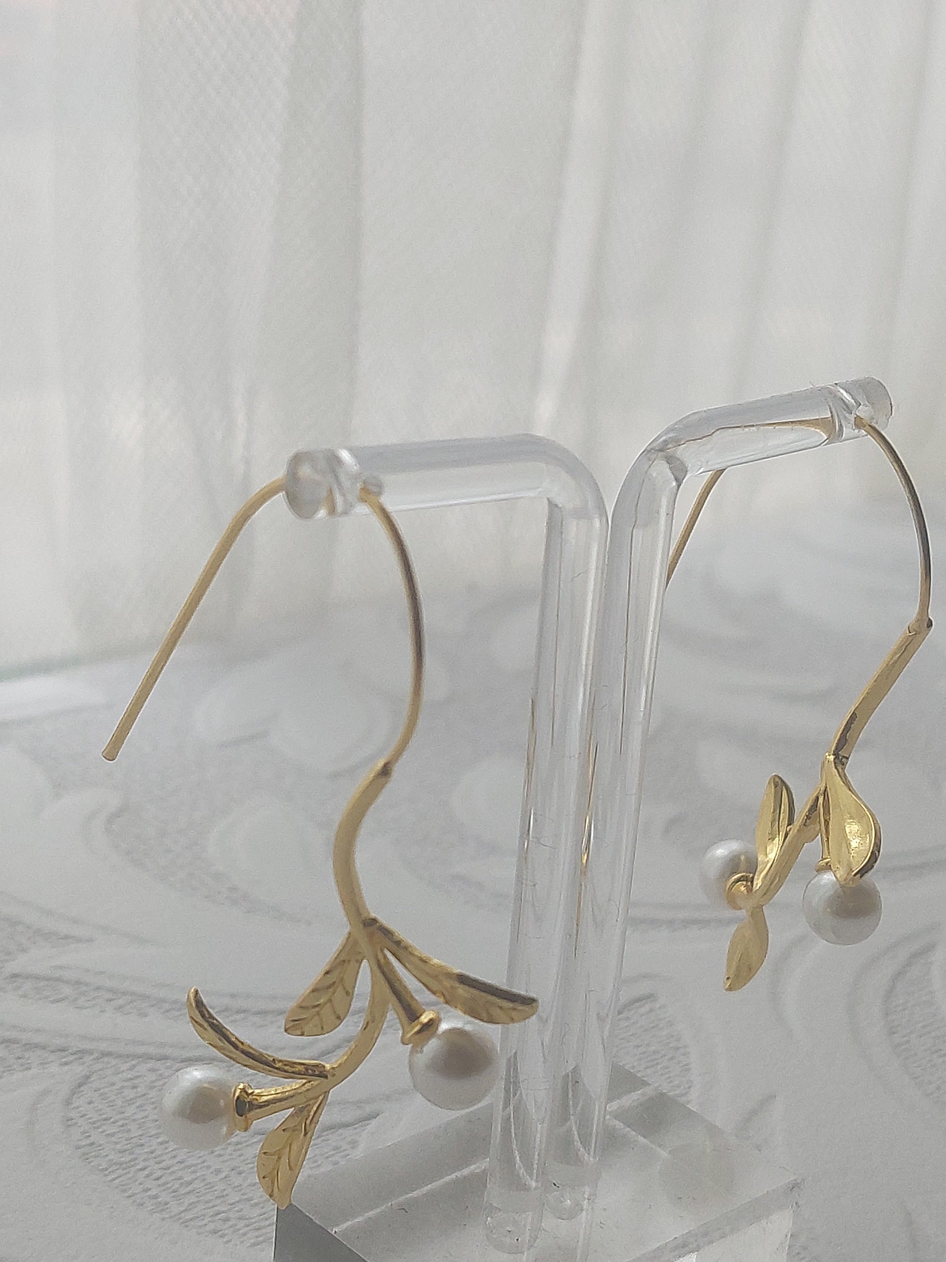 Long Gold Vine Pearl Earrings