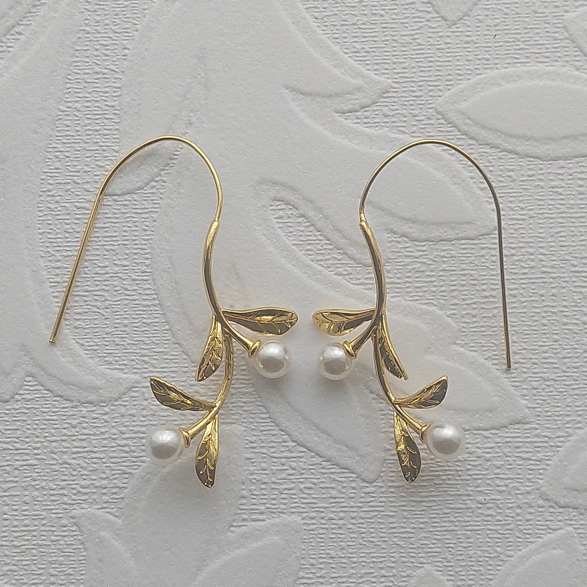 Long Gold Vine Pearl Earrings