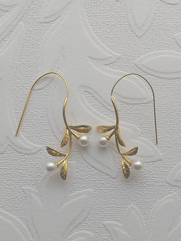 Long Gold Vine Pearl Earrings