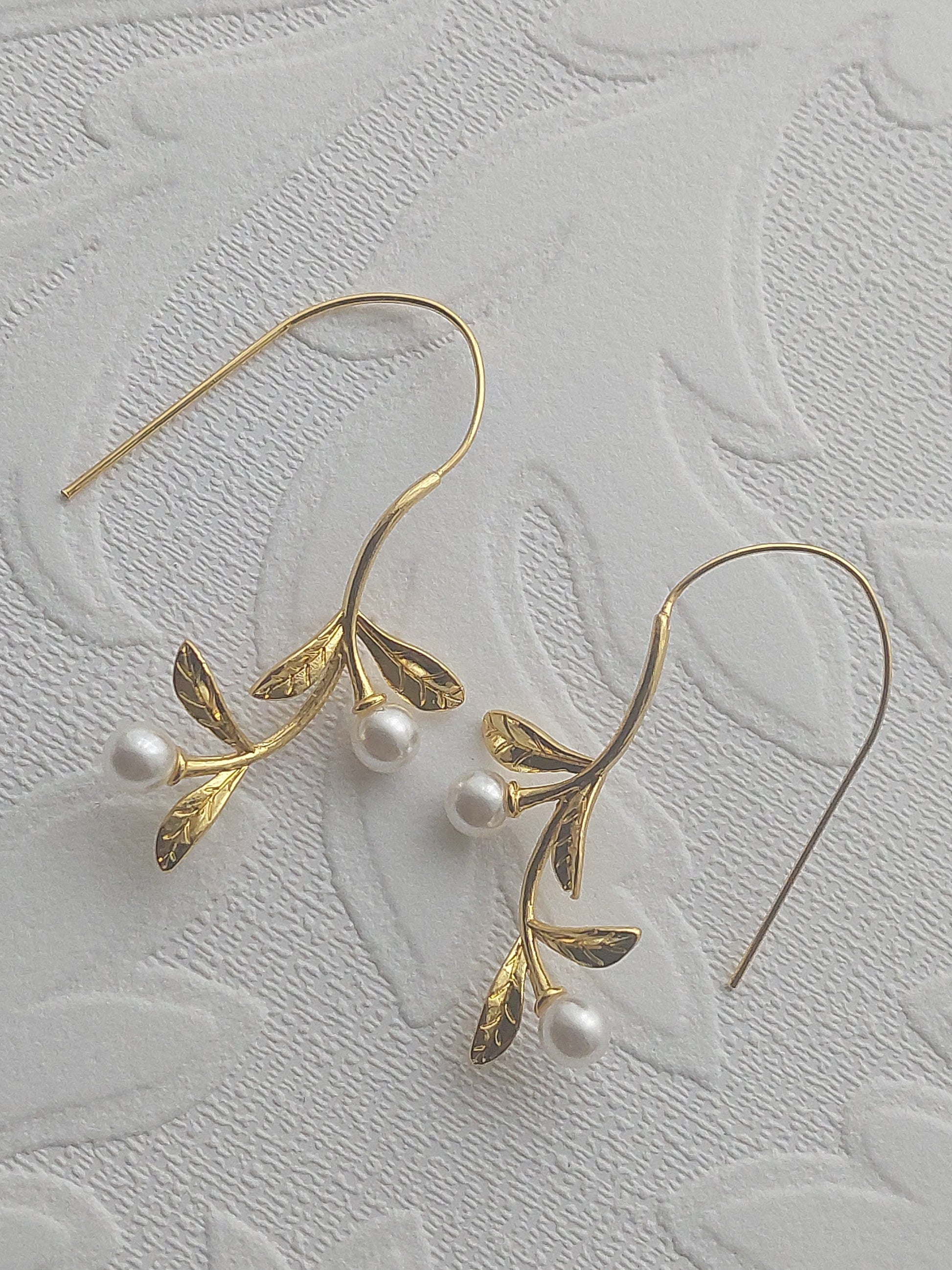 Long Gold Vine Pearl Earrings
