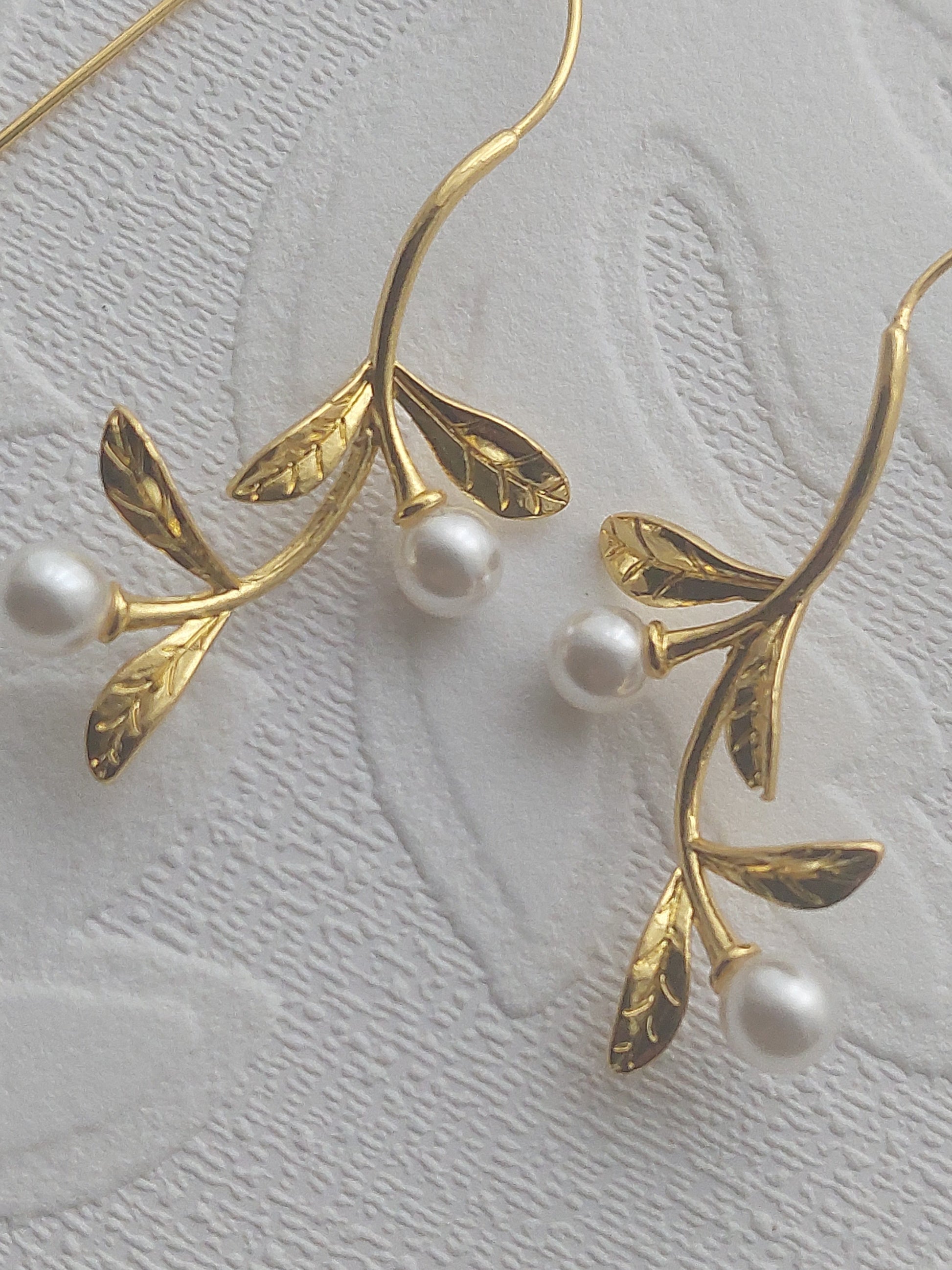 Long Gold Vine Pearl Earrings