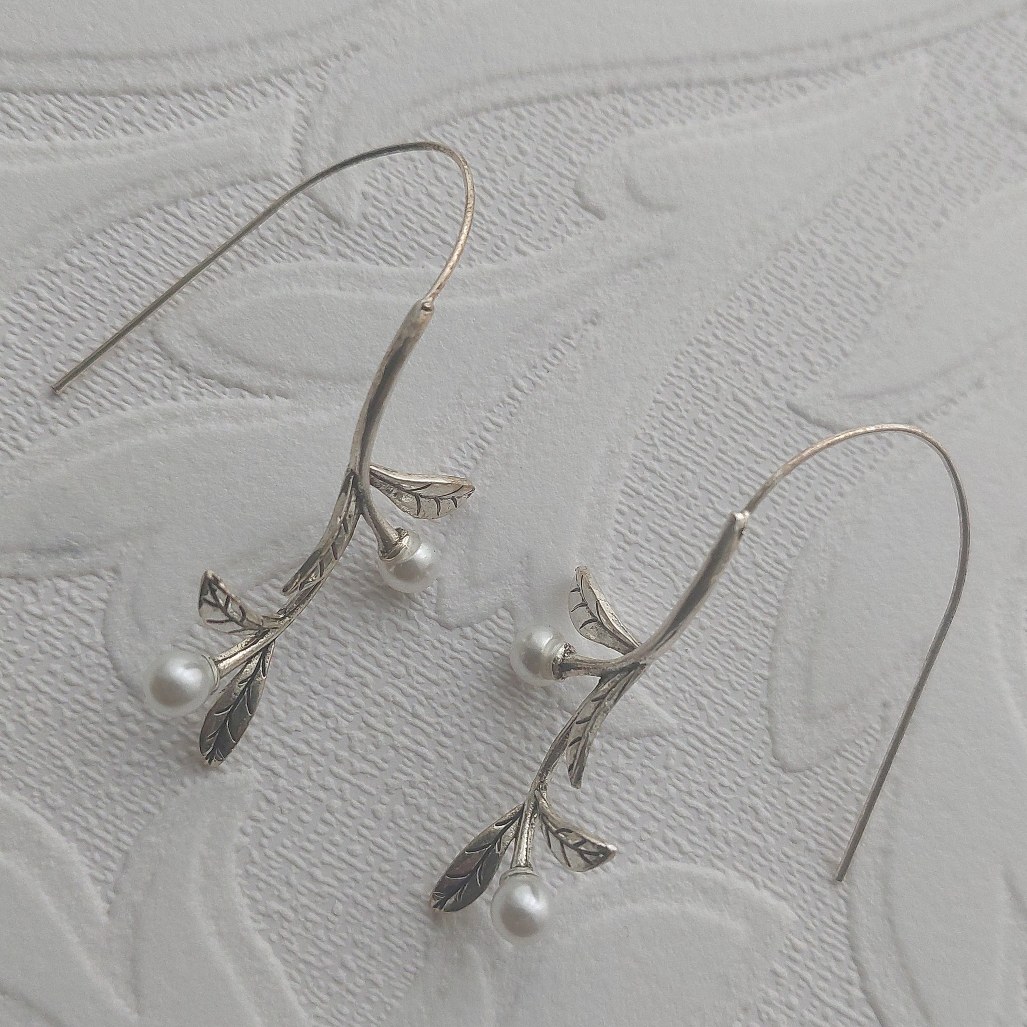Long Silver Vine Pearl Earrings