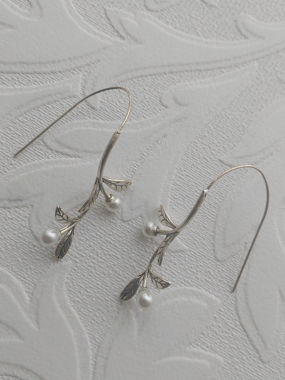 Long Silver Vine Pearl Earrings
