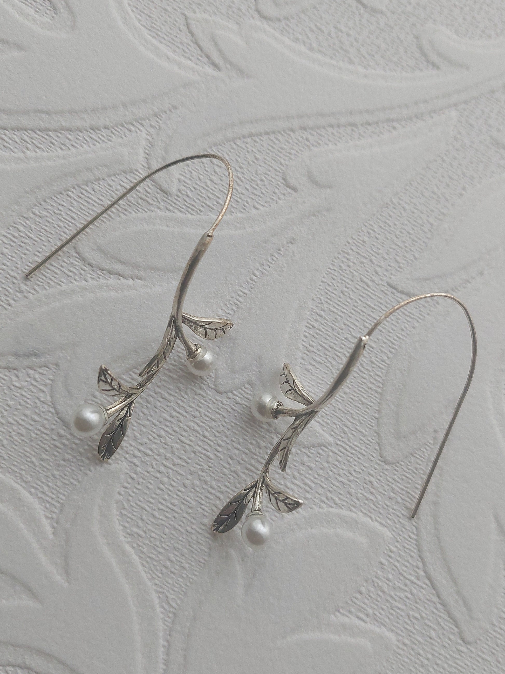 Long Silver Vine Pearl Earrings