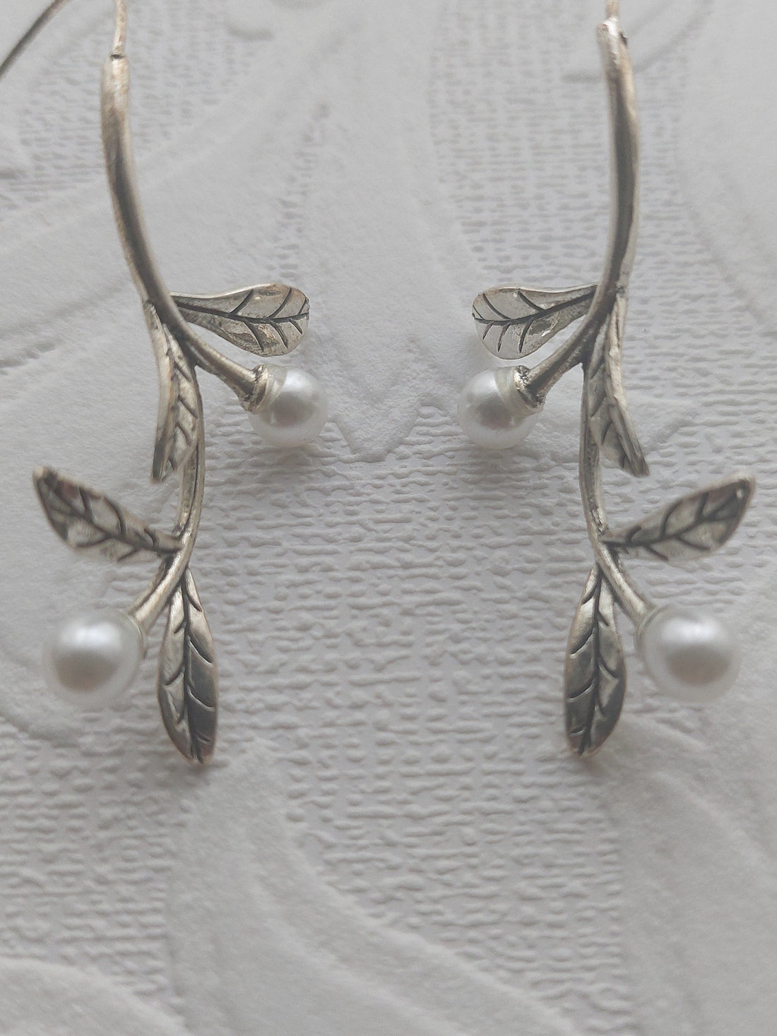 Long Silver Vine Pearl Earrings