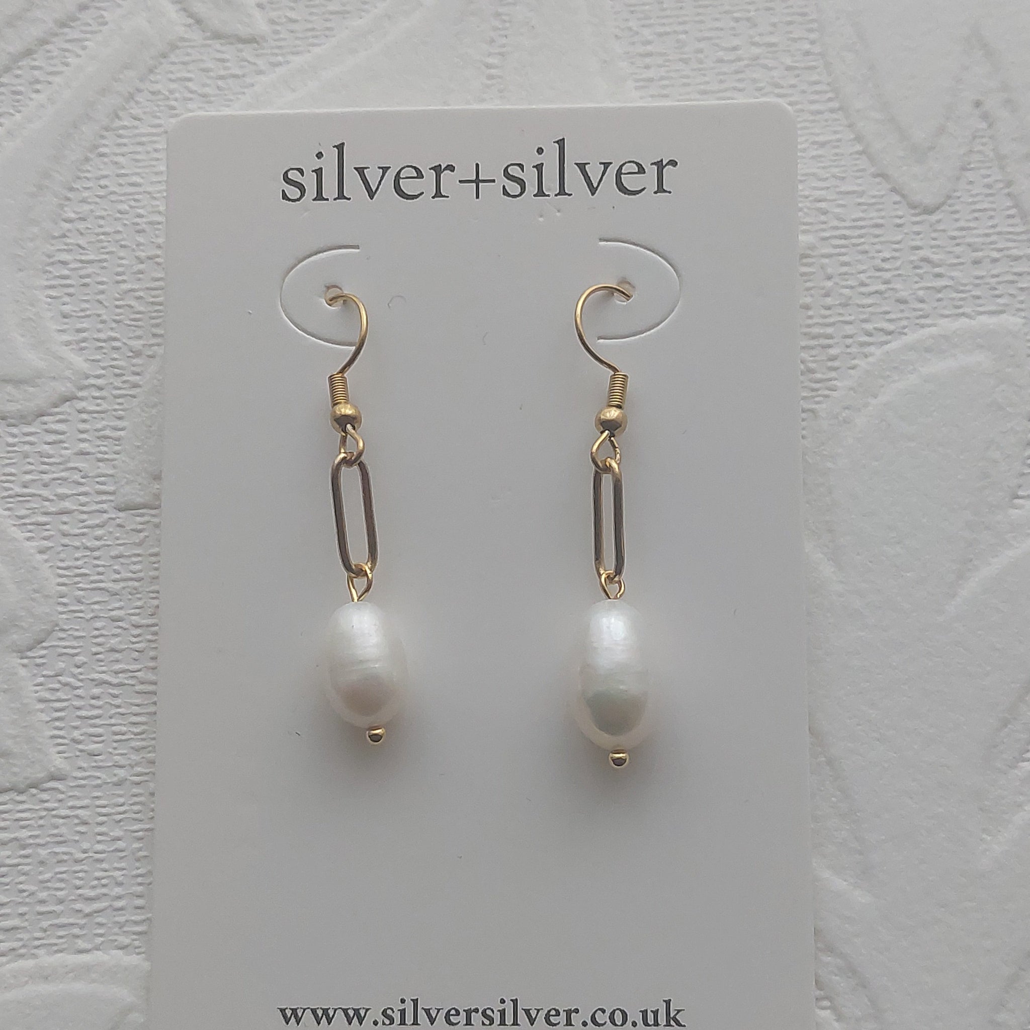 Long Gold Link Drop Pearl Earrings