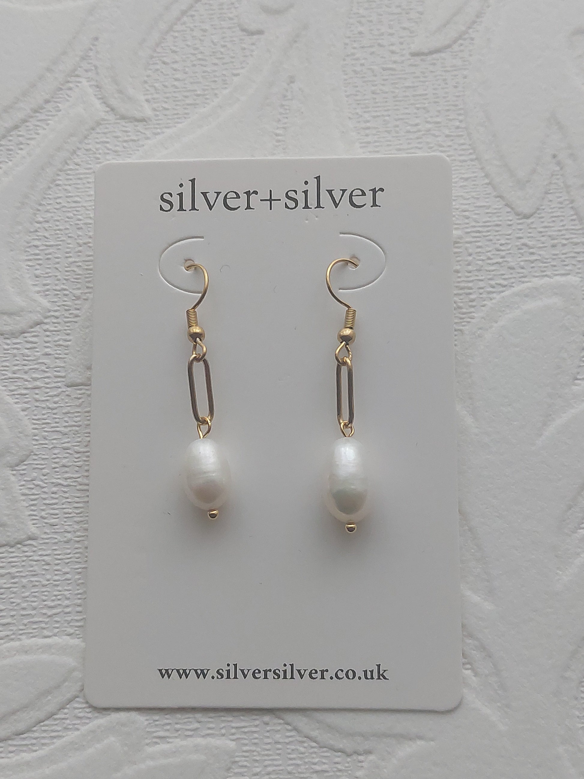 Long Gold Link Drop Pearl Earrings