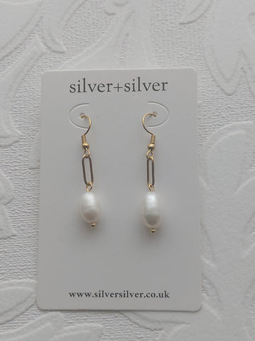 Long Gold Link Drop Pearl Earrings