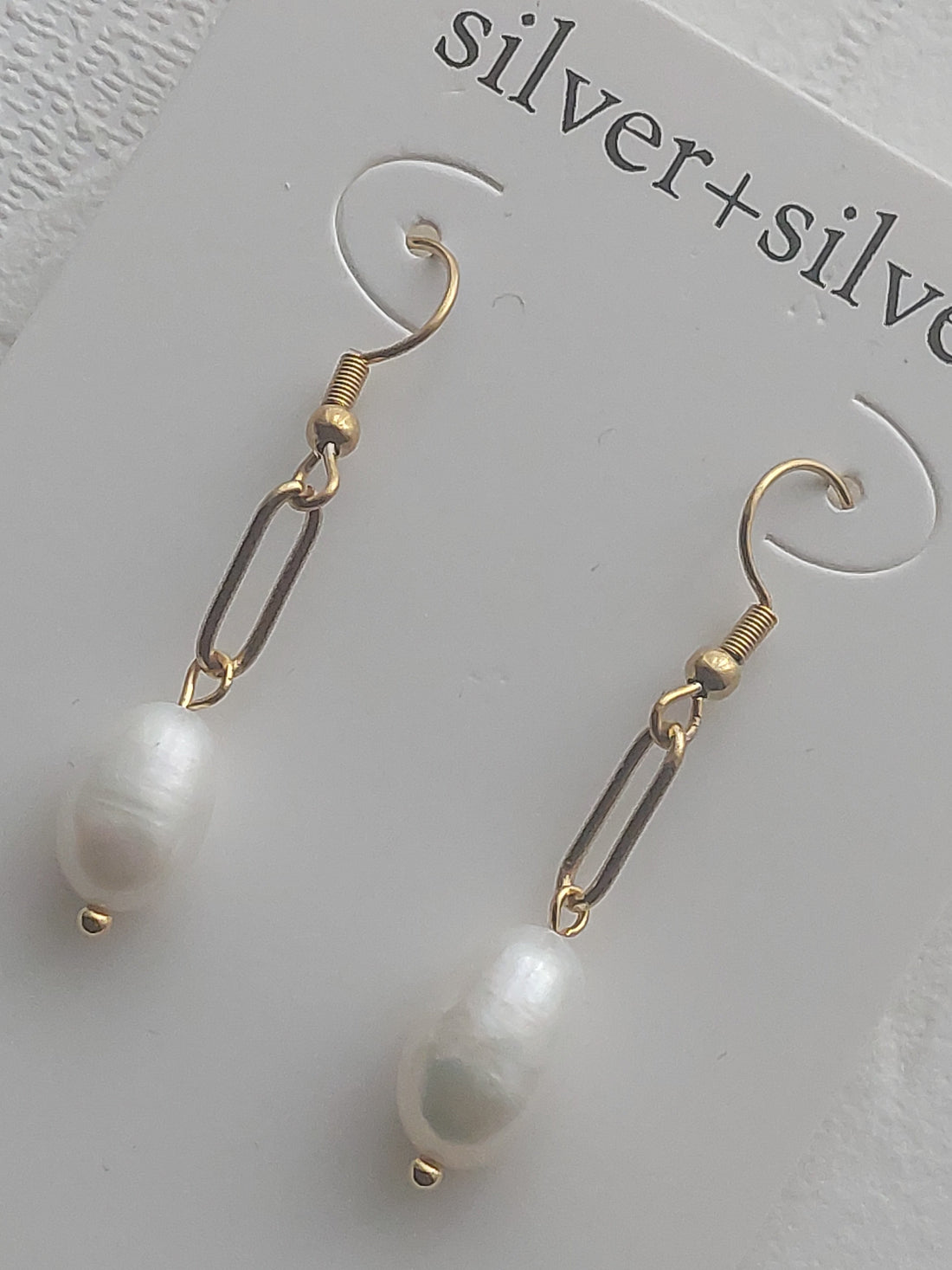 Long Gold Link Drop Pearl Earrings