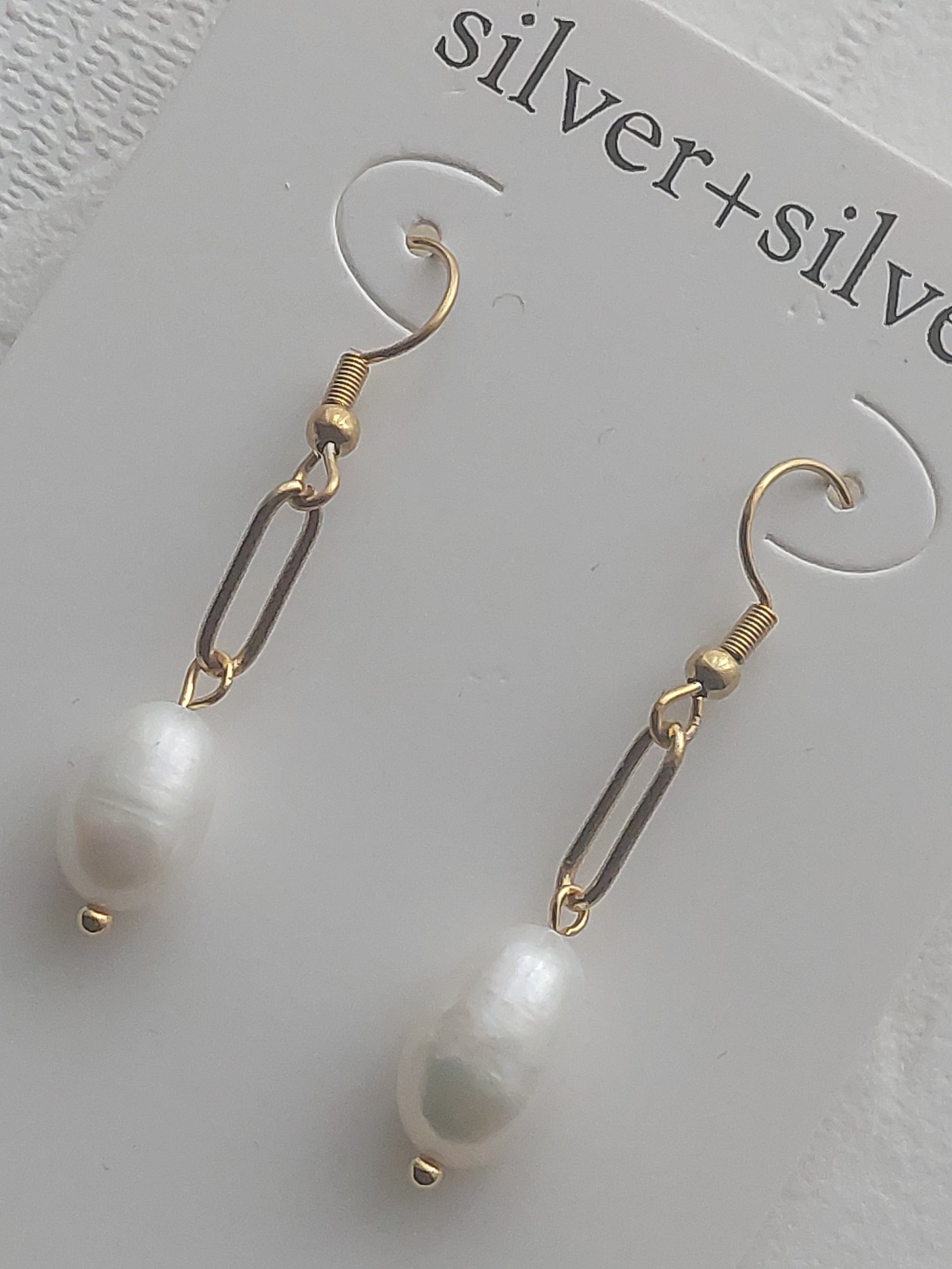 Long Gold Link Drop Pearl Earrings
