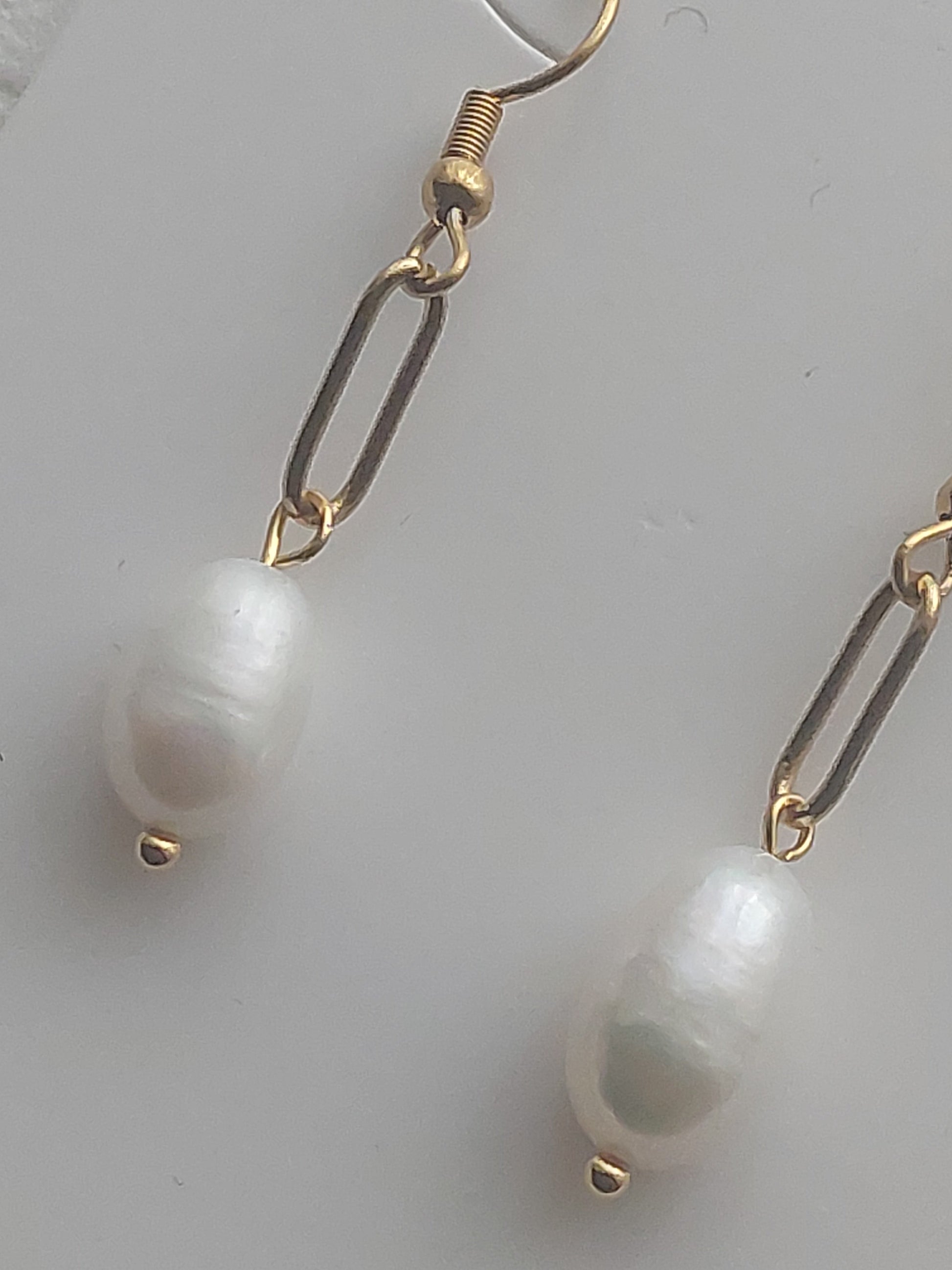 Long Gold Link Drop Pearl Earrings