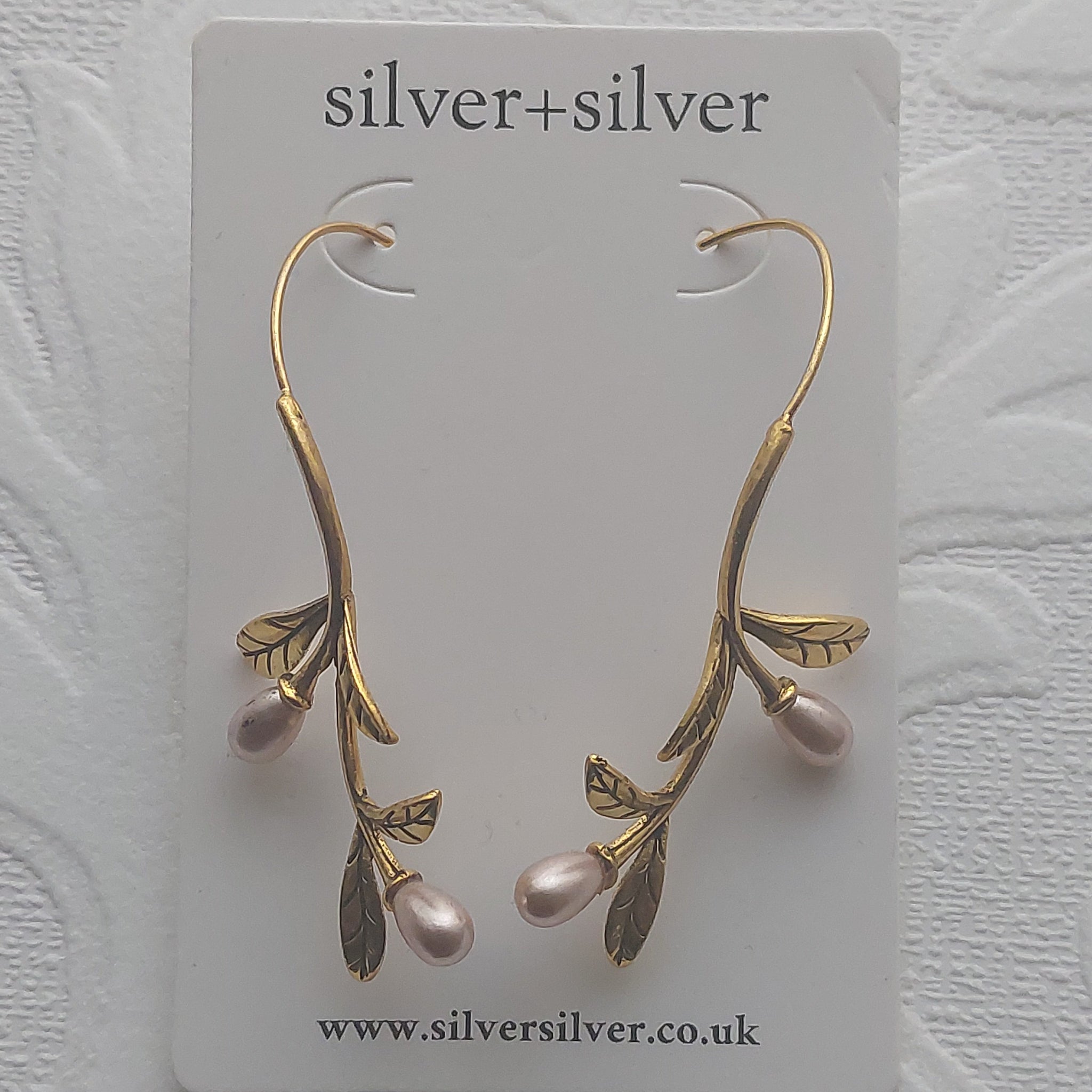 Long Gold Vine Pink Pearl Earrings